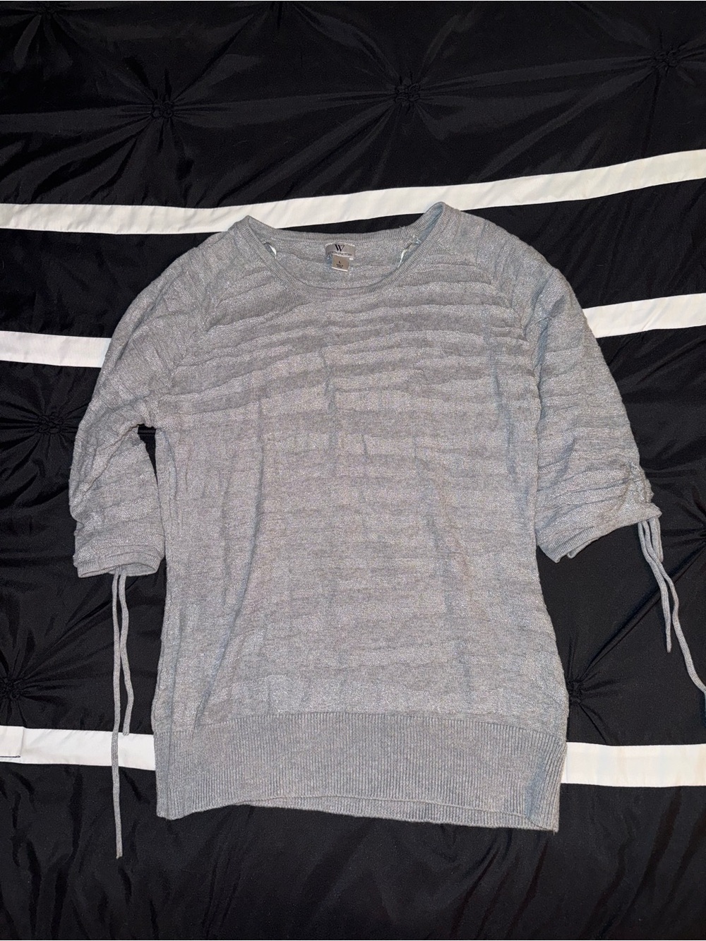 Worthington Light Gray Crewneck Sweater with Ruched Sleeve Ties